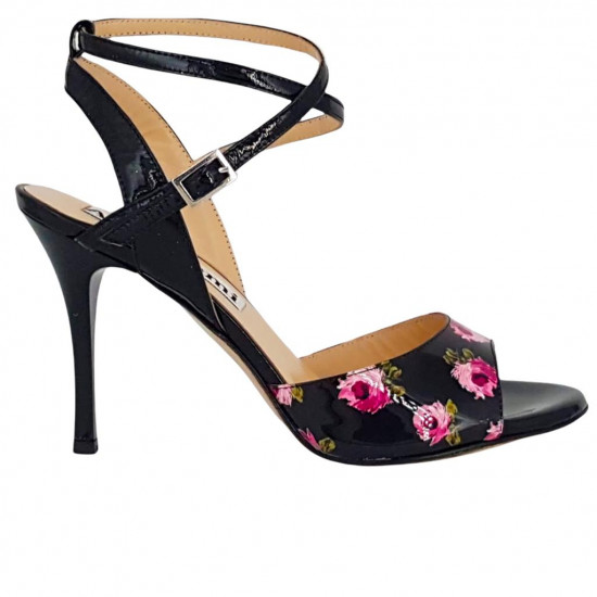 Maia Black Patent and Pink Flowers