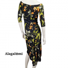 Ella Black with White, Green and Orange Flowers